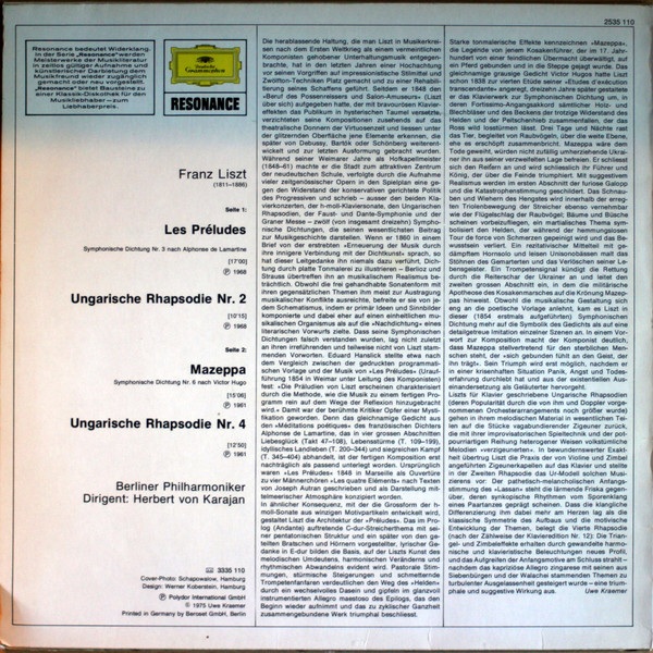 Franz Liszt - Berliner Philharmoniker , Herbert von Karajan - Mazeppa - Les Preludes - Ungarische Rhapsodien Nr.2 & 4 | Deutsche Grammophon (2535 110) - 2