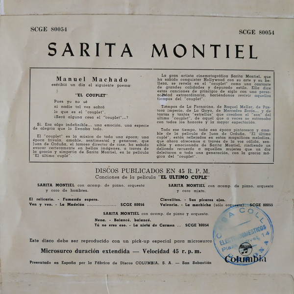 Sara Montiel - El Ultimo Cuplé | Columbia (SCGE 80054) - 2