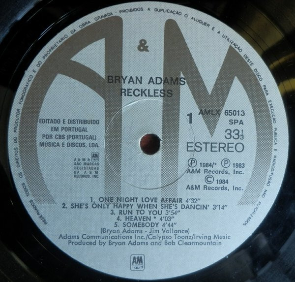 Bryan Adams - Reckless | A&M Records (AMLX 65013) - 3