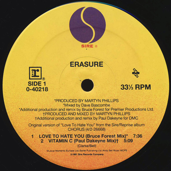 Erasure - Love To Hate You | Sire (0-40218) - 3 Erasure - Love To Hate You | Sire (0-40218) - 3