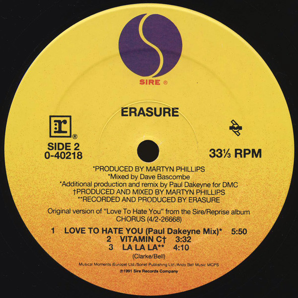 Erasure - Love To Hate You | Sire (0-40218) - 4 Erasure - Love To Hate You | Sire (0-40218) - 4