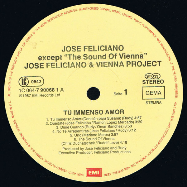 José Feliciano - Tu Inmenso Amor | EMI (1C 064-7 90068 1) - 2 José Feliciano - Tu Inmenso Amor | EMI (1C 064-7 90068 1) - 2