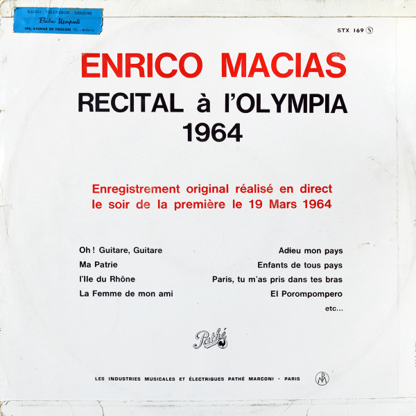 Enrico Macias - Enrico Macias A L'Olympia | Pathé (STX 169) - 2