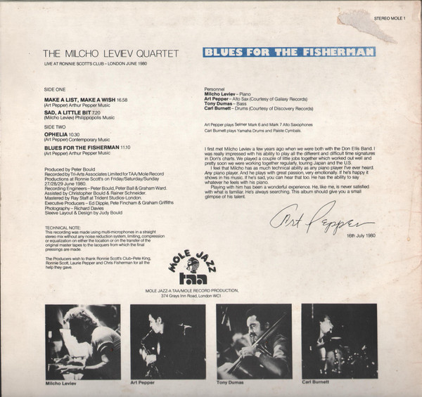 The Milcho Leviev Quartet - Blues For The Fisherman | Mole Jazz (MOLE 1) - 2
