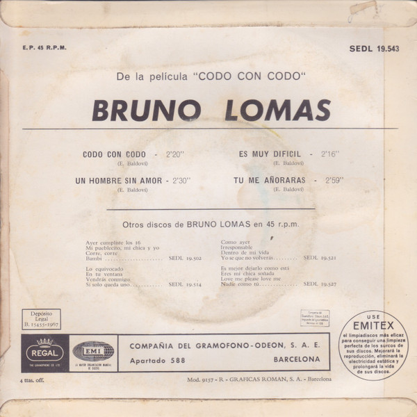 Bruno Lomas - Codo Con Codo / Un Hombre Sin Amor / Es Muy Difícil / Tú Me Añorarás | Regal (SEDL 19.543) - 2