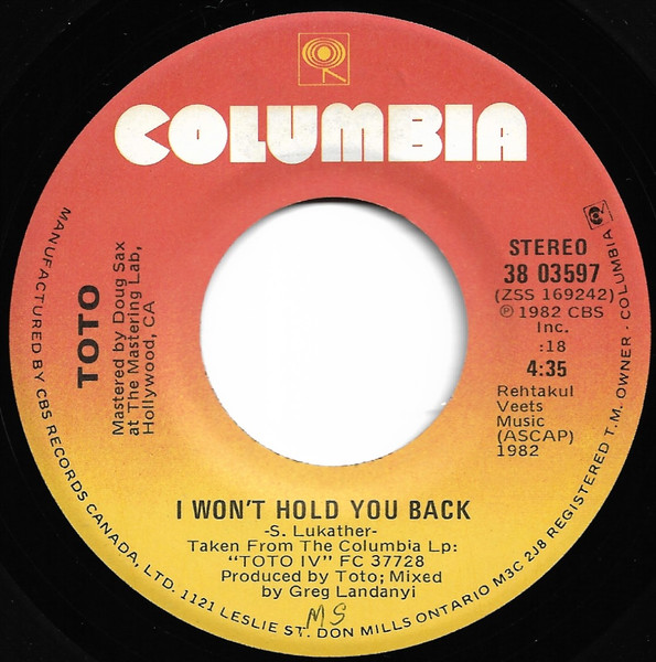 Toto - I Won't Hold You Back | Columbia (38 03597) - 3
