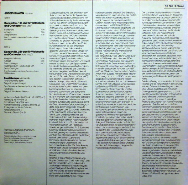 Joseph Haydn - David Geringas - Leopold Hager - Woldemar Nelsson - RIAS Symphonie-Orchester Berlin - NDR Sinfonieorchester - Cellokonzerte Nr.1 & 2 | Parnass (32 561 3) - 2