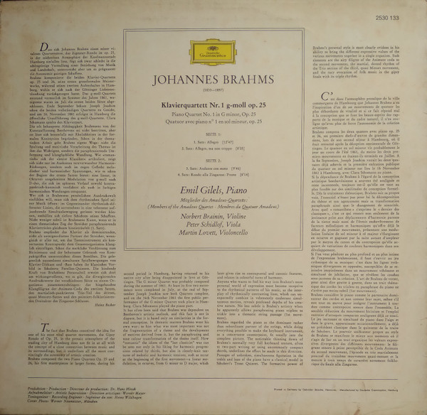 Johannes Brahms - Emil Gilels , Amadeus-Quartett - Klavierquartett G-moll Op. 25 = Piano Quartet in G Minor, Op. 25 | Deutsche Grammophon (2530 133) - 2