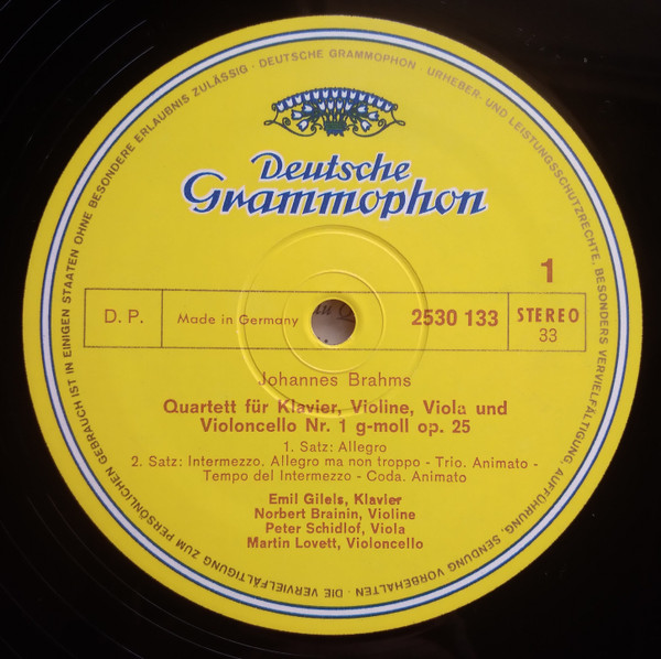 Johannes Brahms - Emil Gilels , Amadeus-Quartett - Klavierquartett G-moll Op. 25 = Piano Quartet in G Minor, Op. 25 | Deutsche Grammophon (2530 133) - 3