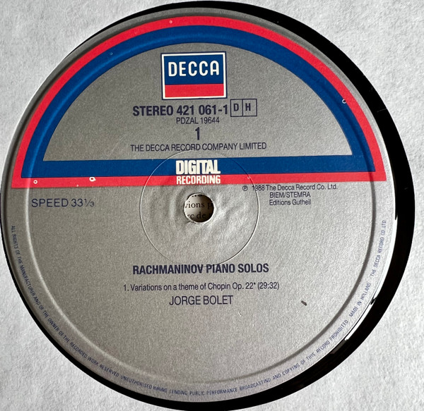 Sergei Vasilyevich Rachmaninoff , Jorge Bolet - Chopin Variations, 5 Preludes, Melodie, Liebesleid & Liebesfreud | Decca (421 061-1 DH) - 3