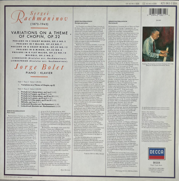 Sergei Vasilyevich Rachmaninoff , Jorge Bolet - Chopin Variations, 5 Preludes, Melodie, Liebesleid & Liebesfreud | Decca (421 061-1 DH) - 2