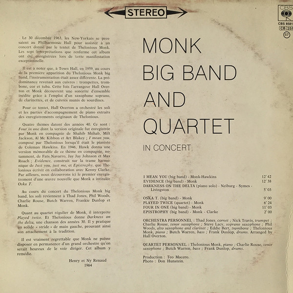 Thelonious Monk - Big Band And Quartet In Concert | CBS (CBS 85814) - 2 Thelonious Monk - Big Band And Quartet In Concert | CBS (CBS 85814) - 2