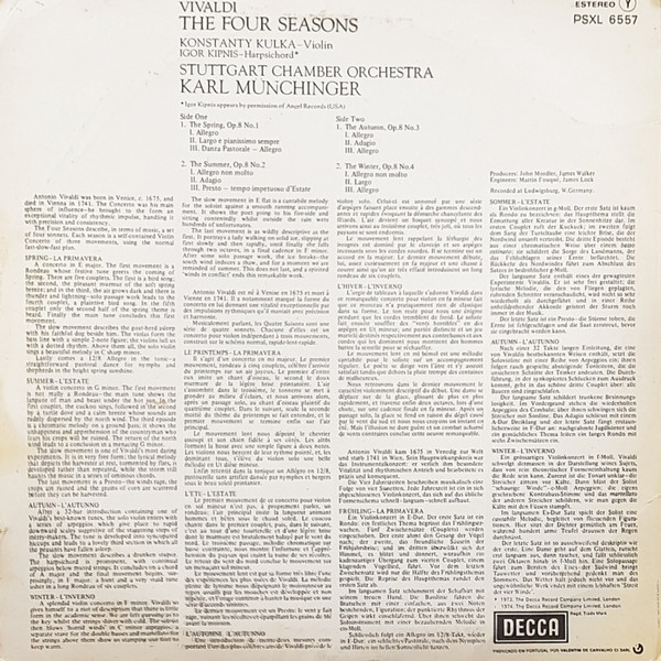 Antonio Vivaldi , Konstanty Andrzej Kulka , Stuttgarter Kammerorchester , Karl Münchinger - The Four Seasons | Decca (PSXL 6557) - 2