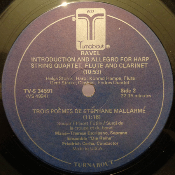 Maurice Ravel - Quatuor Loewenguth , Marie Therèse Escribano , Ensemble "die reihe", Wien , Friedrich Cerha , Endres-Quartett , Helga Storck , Konrad Hampe , Gerd Starke - String Quartet / Trois Poemes De Stephane Mallarme / Introduction And Allegro For Harp, String Quartet, Flute & Clarinet | Turnabout (TV-S 34591) - 4