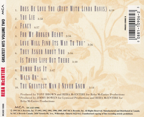 Reba McEntire - Greatest Hits Volume Two | MCA Records (MCASD 10906) - 2 Reba McEntire - Greatest Hits Volume Two | MCA Records (MCASD 10906) - 2