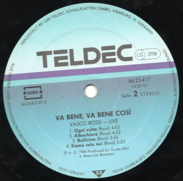 Vasco Rossi - Va Bene, Va Bene Così - Live | Teldec (76.25131) - 2