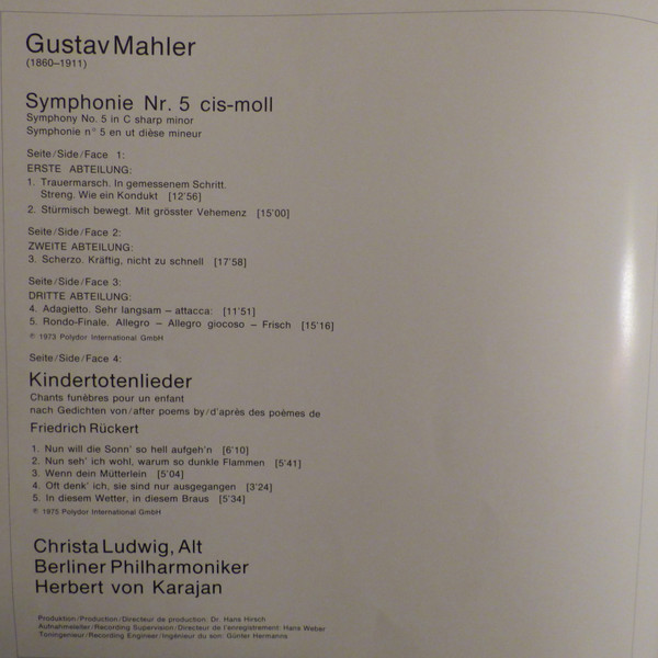 Gustav Mahler , Christa Ludwig , Berliner Philharmoniker · Herbert von Karajan - 5. Symphonie / Kindertotenlieder | Deutsche Grammophon (2707 081) - 4 Gustav Mahler , Christa Ludwig , Berliner Philharmoniker · Herbert von Karajan - 5. Symphonie / Kindertotenlieder | Deutsche Grammophon (2707 081) - 4
