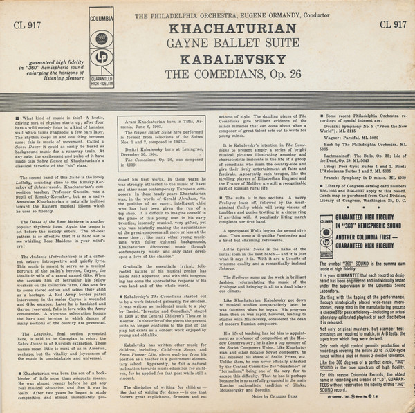 Aram Khatchaturian , Dmitry Kabalevsky , The Philadelphia Orchestra , Eugene Ormandy - Gayne Ballet Suite / The Comedians, Op.26 | Columbia (CL 917) - 2