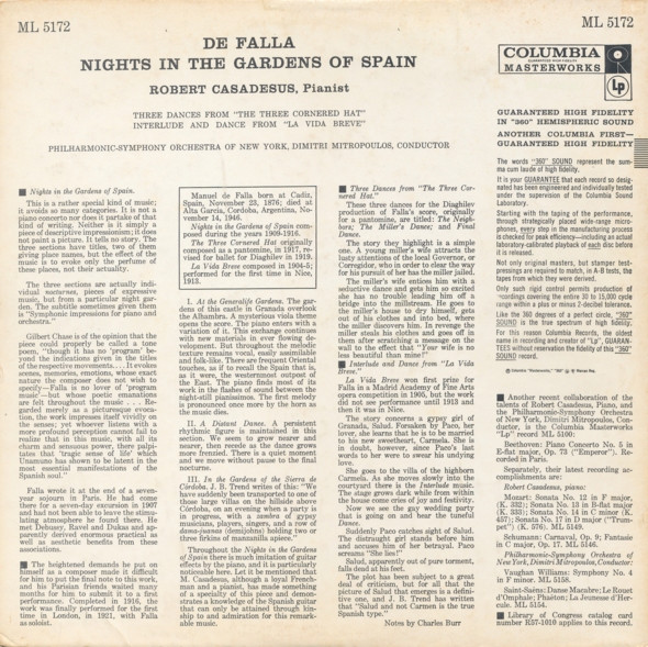 Manuel De Falla , Robert Casadesus , Philharmonic-Symphony Orchestra Of New York , Dimitri Mitropoulos - Nights In The Gardens Of Spain | Columbia Masterworks (ML 5172) - 2 Manuel De Falla , Robert Casadesus , Philharmonic-Symphony Orchestra Of New York , Dimitri Mitropoulos - Nights In The Gardens Of Spain | Columbia Masterworks (ML 5172) - 2