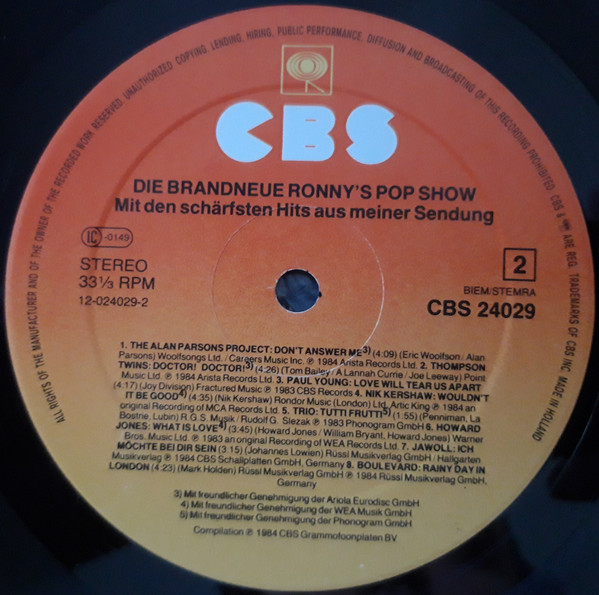 Various - Die Brandneue Ronny's Pop Show (Mit Den Schärfsten Hits Aus Meiner Sendung) | CBS (CBS 24029) - 4