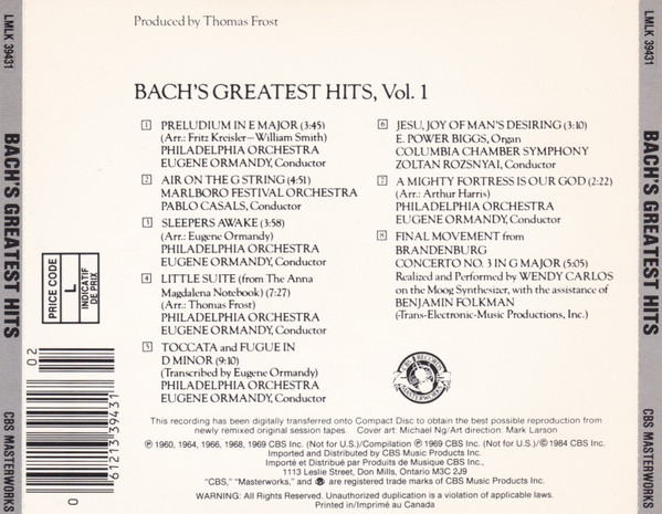 Various - Bach's Greatest Hits, Vol. 1 | CBS Masterworks (LMLK 39431) - 2