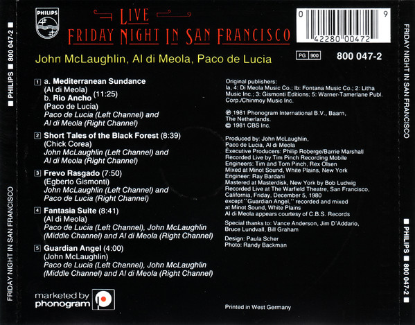John McLaughlin , Al Di Meola , Paco De Lucía - Friday Night In San Francisco | Philips (800 047-2) - 2