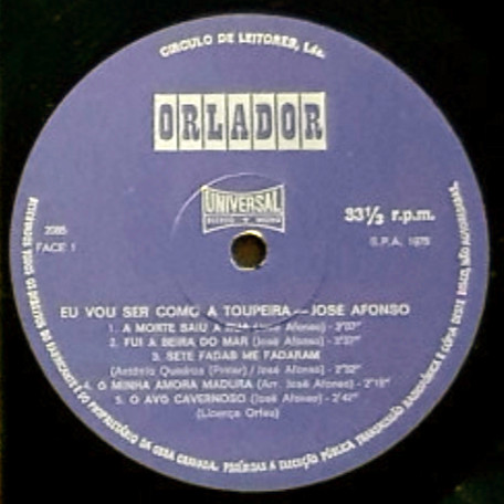 José Afonso - Eu Vou Ser Como A Toupeira | Orlador (2085) - 3