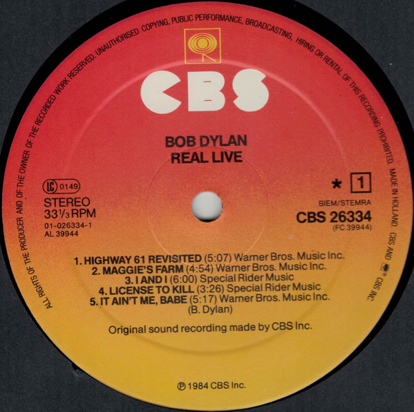 Bob Dylan - Real Live | CBS (CBS 26334) - 3 Bob Dylan - Real Live | CBS (CBS 26334) - 3