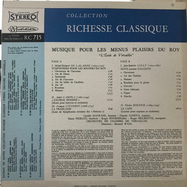 Michel Richard Delalande , André Campra , François Couperin , Jean-Baptiste Lully , Nicolas Bernier , Orchestre De Chambre De Versailles - Musique Pour Les Menus Plaisirs Du Roy | Musidisc (30 RC 715) - 2