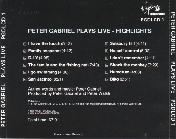 Peter Gabriel - Plays Live - Highlights | Virgin (PGDLCD 1) - 2
