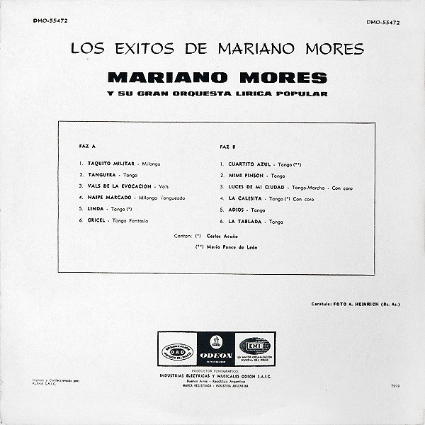 Mariano Mores Y Su Gran Orquesta Lírica Popular - Los Éxitos De Mariano Mores | Odeon (DMO-55472) - 2 Mariano Mores Y Su Gran Orquesta Lírica Popular - Los Éxitos De Mariano Mores | Odeon (DMO-55472) - 2