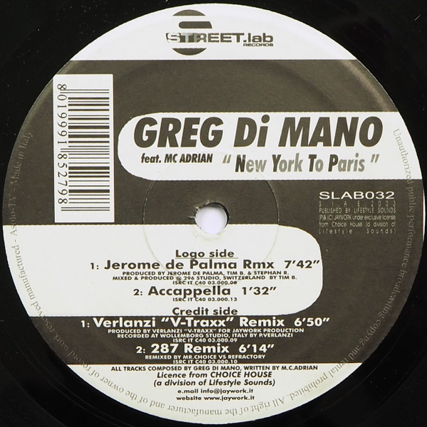 Greg Di Mano - New York To Paris | Streetlab Records (SLAB 032) - 3