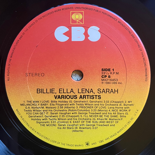 Billie Holiday , Ella Fitzgerald , Lena Horne , Sarah Vaughan - Billie, Ella, Lena, Sarah | CBS (CP 8) - 3 Billie Holiday , Ella Fitzgerald , Lena Horne , Sarah Vaughan - Billie, Ella, Lena, Sarah | CBS (CP 8) - 3