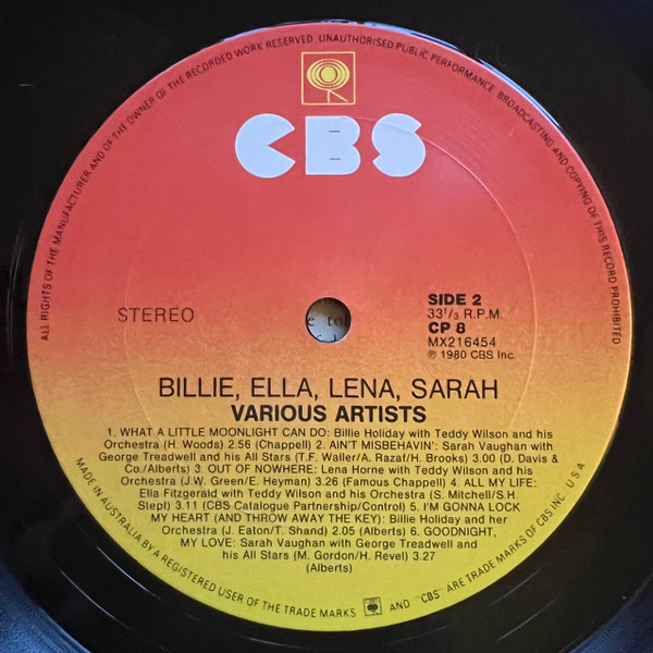 Billie Holiday , Ella Fitzgerald , Lena Horne , Sarah Vaughan - Billie, Ella, Lena, Sarah | CBS (CP 8) - 4 Billie Holiday , Ella Fitzgerald , Lena Horne , Sarah Vaughan - Billie, Ella, Lena, Sarah | CBS (CP 8) - 4