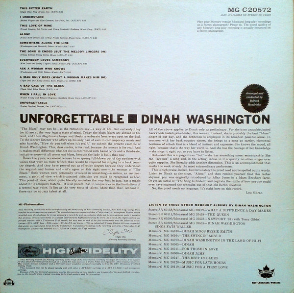 Dinah Washington - Unforgettable [Vinyl] | Mercury (MG-C20572) - 2