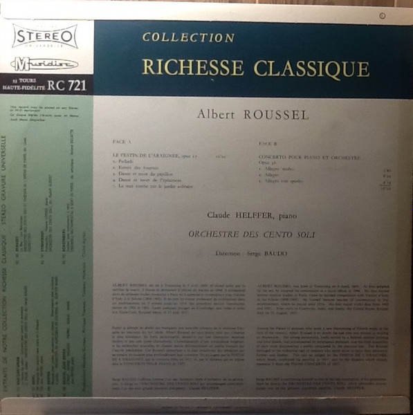 Albert Roussel - Claude Helffer , Orchestre Des Cento Soli , Serge Baudo - Le Festin de L'Araignée Op. 17 - Concerto Pour Piano Et Orchestra, Op. 36 | Musidisc (30 RC 721) - 2