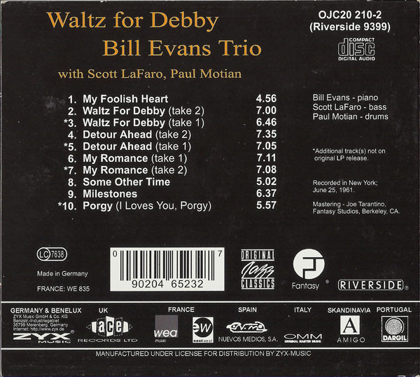 The Bill Evans Trio With Scott LaFaro , Paul Motian - Waltz For Debby | Original Jazz Classics (OJC20 210-2) - 2