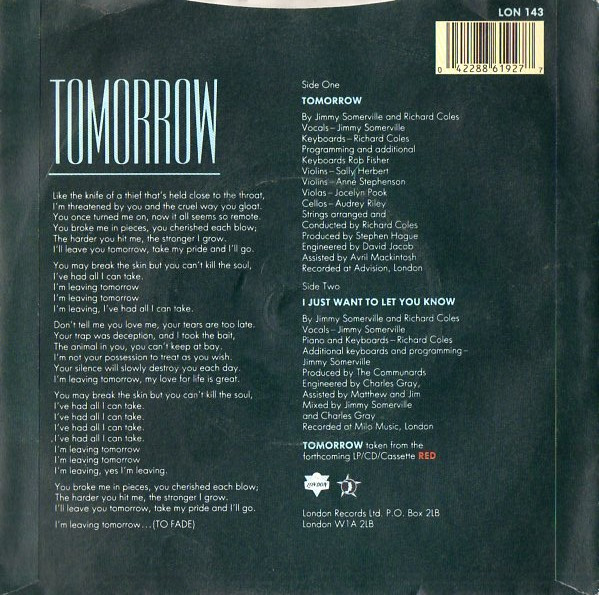 The Communards - Tomorrow | London Records (LON 143) - 2 The Communards - Tomorrow | London Records (LON 143) - 2