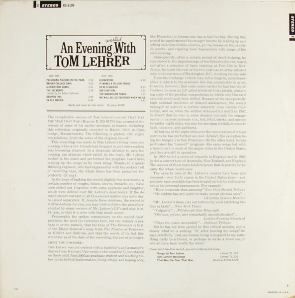 Tom Lehrer - An Evening Wasted With Tom Lehrer | Reprise Records (RS 6199) - 2 Tom Lehrer - An Evening Wasted With Tom Lehrer | Reprise Records (RS 6199) - 2