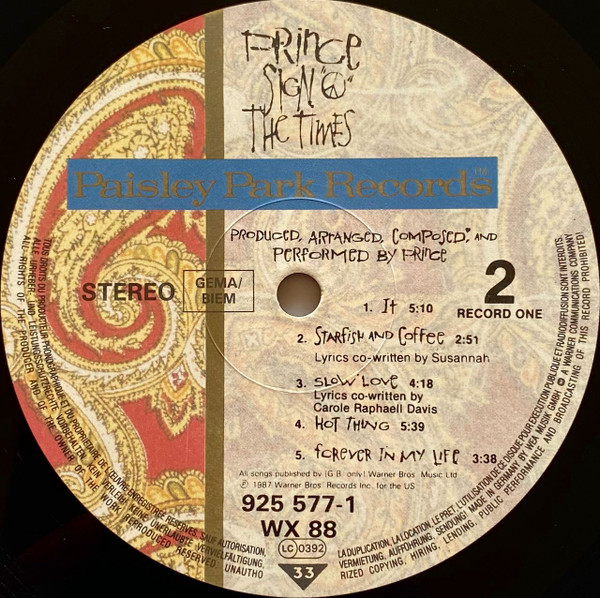 Prince - Sign "O" The Times | Paisley Park (WX 88) - 3 Prince - Sign "O" The Times | Paisley Park (WX 88) - 3
