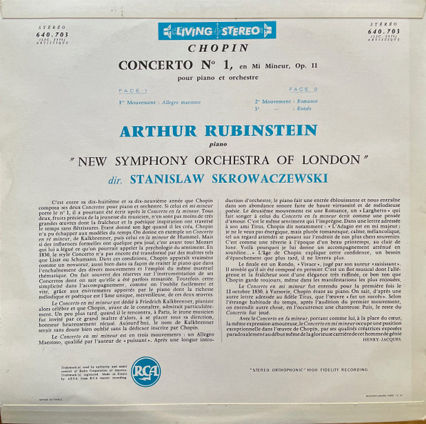 Frédéric Chopin , Arthur Rubinstein , The New Symphony Orchestra Of London Dir. Stanislaw Skrowaczewski - Concerto N°1 En Mi Mineur, Op. 11 | RCA (640.703) - 2 Frédéric Chopin , Arthur Rubinstein , The New Symphony Orchestra Of London Dir. Stanislaw Skrowaczewski - Concerto N°1 En Mi Mineur, Op. 11 | RCA (640.703) - 2