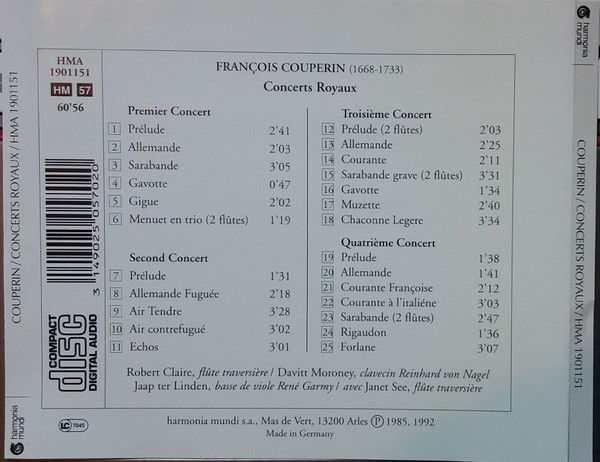 François Couperin - Robert Claire , Davitt Moroney , Jaap Ter Linden , Janet See - Concerts Royaux | Harmonia Mundi France (901151) - 2