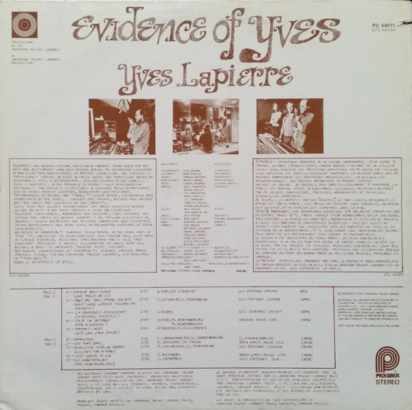 Yves Lapierre - Evidence Of Yves | Pickwick (PC-44011) - 2