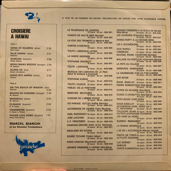 Marcel Bianchi Et Les Hawaian Troubadours - Sous Le Ciel D'Hawaï [Vinyl] | Barclay (920 023) - 2