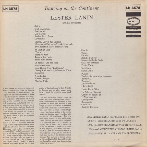 Lester Lanin And His Orchestra - Dancing On The Continent | Epic (LN 3578) - 2 Lester Lanin And His Orchestra - Dancing On The Continent | Epic (LN 3578) - 2