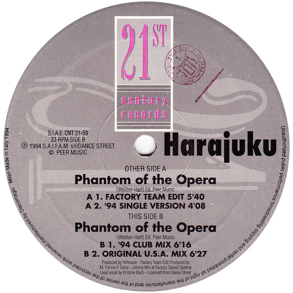 Harajuku - Phantom Of The Opera (The '94 Remixes) | 21st Century Records (CNT 21-59) - 3