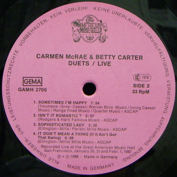Carmen McRae / Betty Carter - The Carmen McRae - Betty Carter Duets | ZYX Records (GAMH 2706) - 4