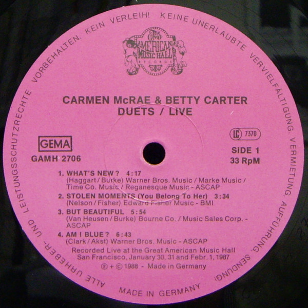 Carmen McRae / Betty Carter - The Carmen McRae - Betty Carter Duets | ZYX Records (GAMH 2706) - 3