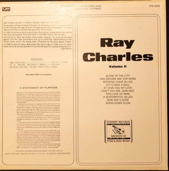 Ray Charles - Ray Charles Volume II | Everest Records Archive Of Folk & Jazz Music (FS 292) - 2 Ray Charles - Ray Charles Volume II | Everest Records Archive Of Folk & Jazz Music (FS 292) - 2