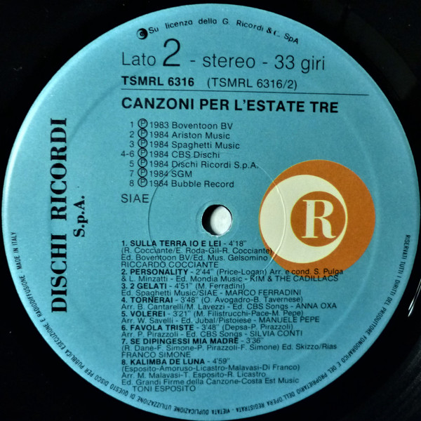 Various - Canzoni Per L'Estate '84 Tre | Ricordi (TSMRL 6316) - main Various - Canzoni Per L'Estate '84 Tre | Ricordi (TSMRL 6316) - main